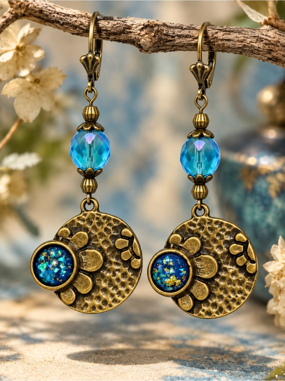 Handmade Czech Glass Blue Antique Brass Statement Earrings